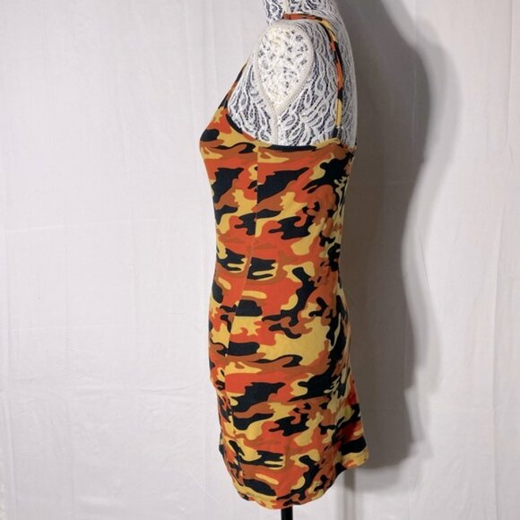 5/$25 Urban Heritage Orange Yellow Black Camo Spaghetti Strap Mini Dress M - Picture 4 of 15